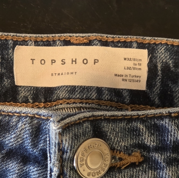 Topshop High Waisted Blue Straight Leg Raw Hem Jeans - Picture 3 of 3